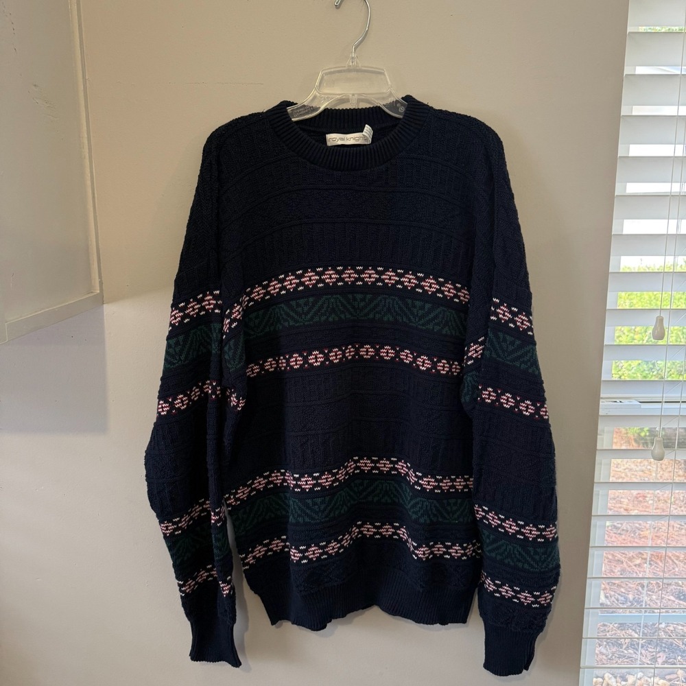 Vintage Royal Knight‎ Fair Isle Sweater Men's 2XL Blue Striped Classic Outdoor